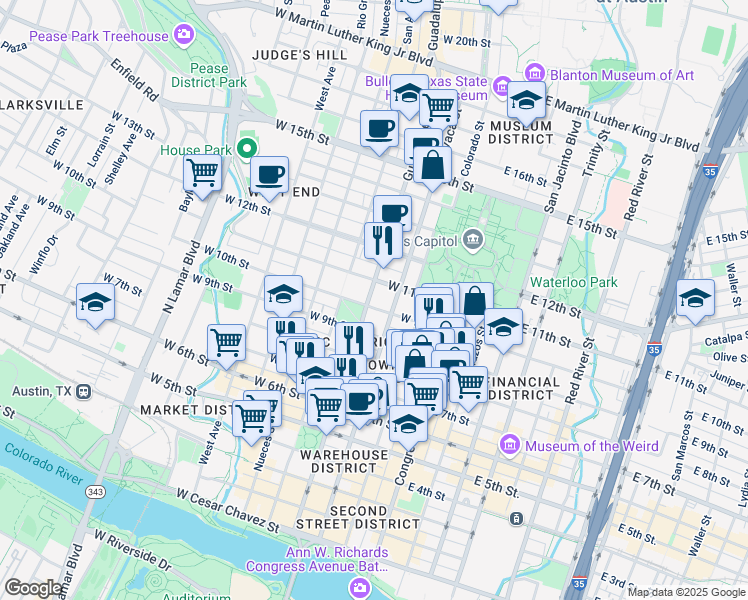 map of restaurants, bars, coffee shops, grocery stores, and more near 509 West 11th Street in Austin