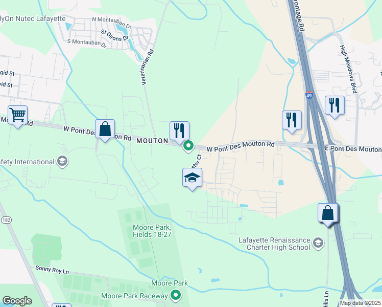 map of restaurants, bars, coffee shops, grocery stores, and more near 505 West Pont Des Mouton Road in Lafayette