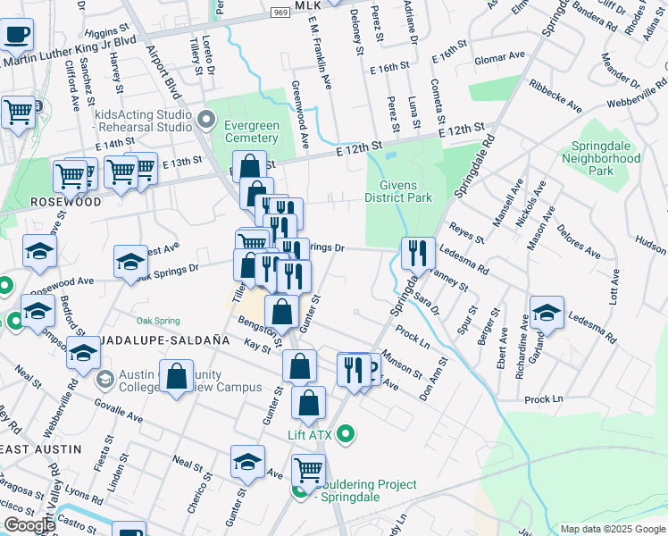 map of restaurants, bars, coffee shops, grocery stores, and more near 1147 3/4 Gunter Street in Austin
