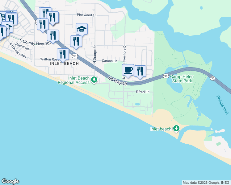 map of restaurants, bars, coffee shops, grocery stores, and more near 15 Blue Coast Court in Rosemary Beach