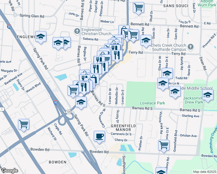 map of restaurants, bars, coffee shops, grocery stores, and more near 2820 Loran Drive North in Jacksonville