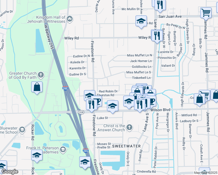 map of restaurants, bars, coffee shops, grocery stores, and more near 6958 Christopher Robin Drive in Jacksonville