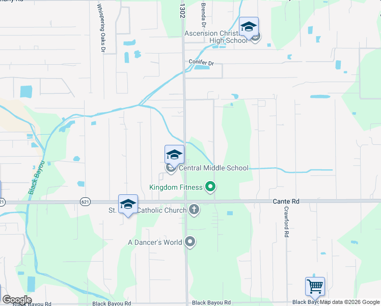 map of restaurants, bars, coffee shops, grocery stores, and more near 14126 Roddy Road in Gonzales
