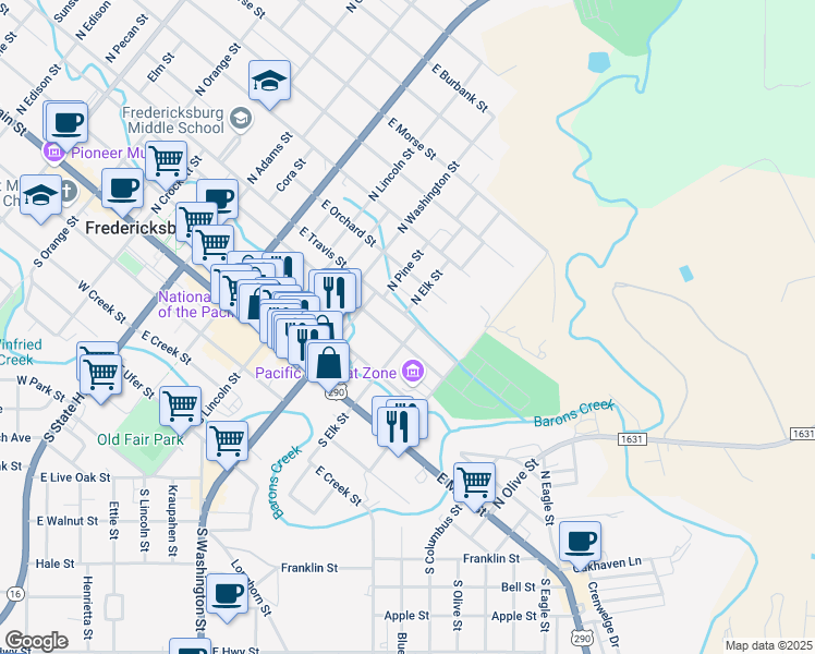 map of restaurants, bars, coffee shops, grocery stores, and more near 419 East Travis Street in Fredericksburg