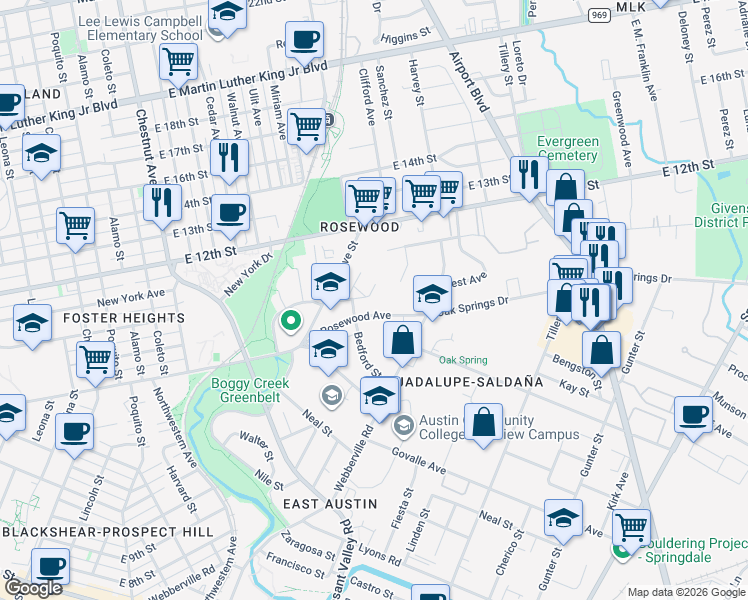 map of restaurants, bars, coffee shops, grocery stores, and more near 1181 Sol Wilson Avenue in Austin