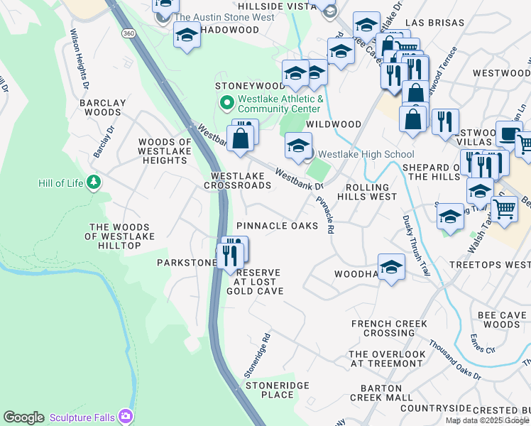 map of restaurants, bars, coffee shops, grocery stores, and more near 1433 Allen Road in Austin