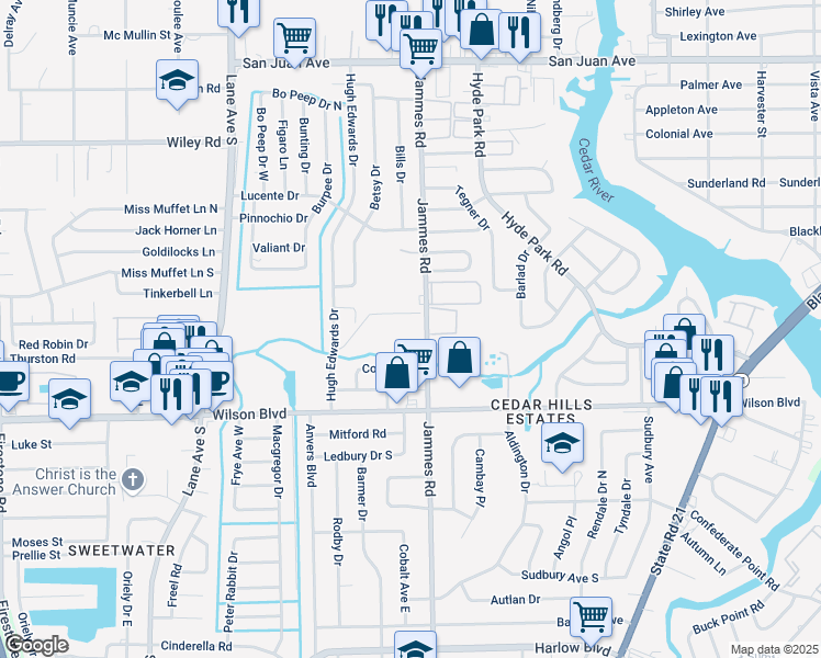 map of restaurants, bars, coffee shops, grocery stores, and more near 2518 Jammes Road in Jacksonville