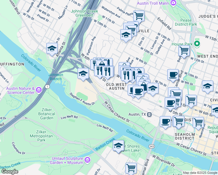 map of restaurants, bars, coffee shops, grocery stores, and more near 1504 West 5th Street in Austin
