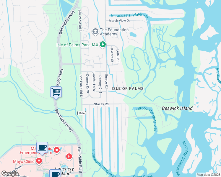 map of restaurants, bars, coffee shops, grocery stores, and more near 3973 Eunice Rd in Jacksonville