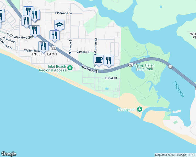 map of restaurants, bars, coffee shops, grocery stores, and more near 32 East Park Place Avenue in Panama City Beach