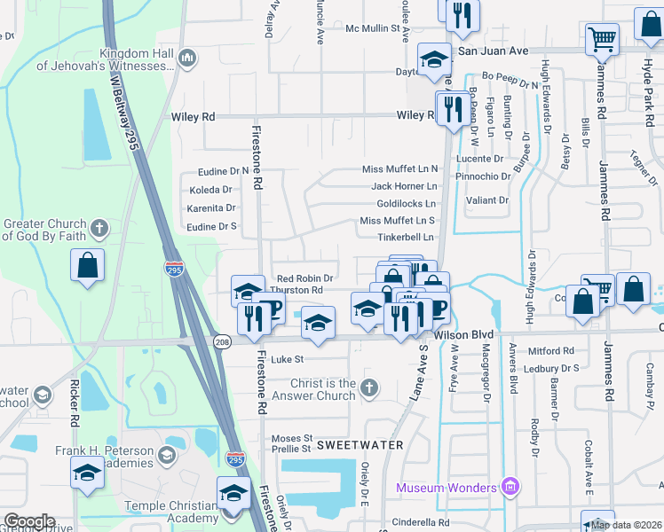 map of restaurants, bars, coffee shops, grocery stores, and more near 2557 Red Robin Drive in Jacksonville