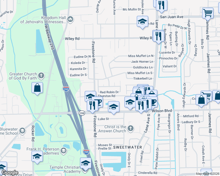 map of restaurants, bars, coffee shops, grocery stores, and more near 6958 Christopher Robin Drive in Jacksonville