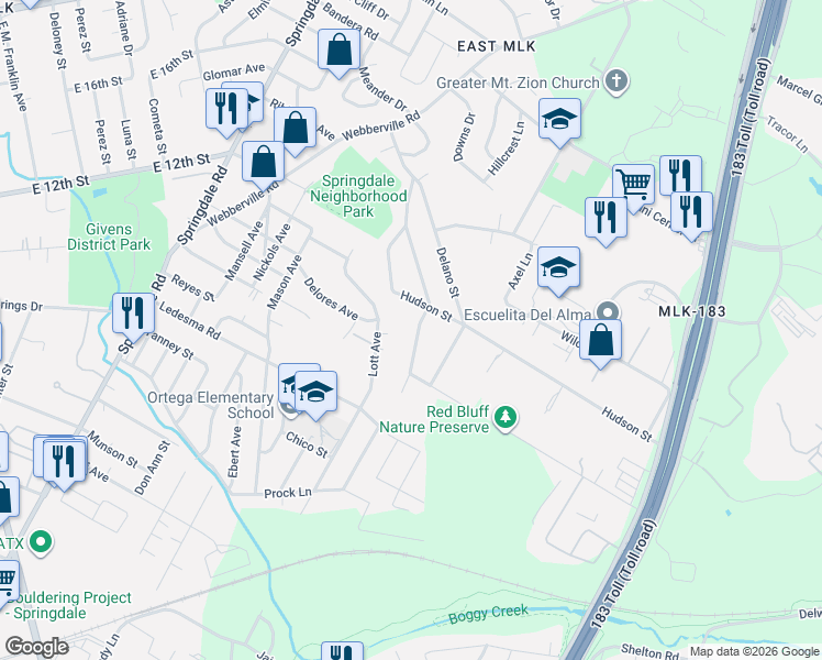 map of restaurants, bars, coffee shops, grocery stores, and more near 1136 Eleanor Street in Austin