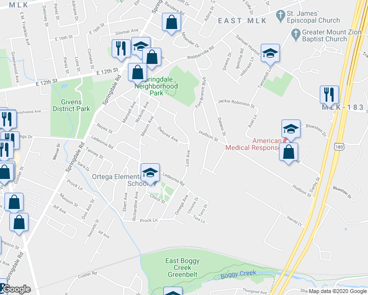 map of restaurants, bars, coffee shops, grocery stores, and more near in Austin