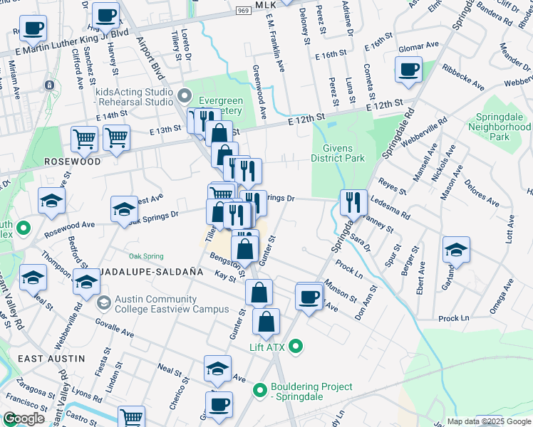 map of restaurants, bars, coffee shops, grocery stores, and more near 1144 3/4 Gunter Street in Austin