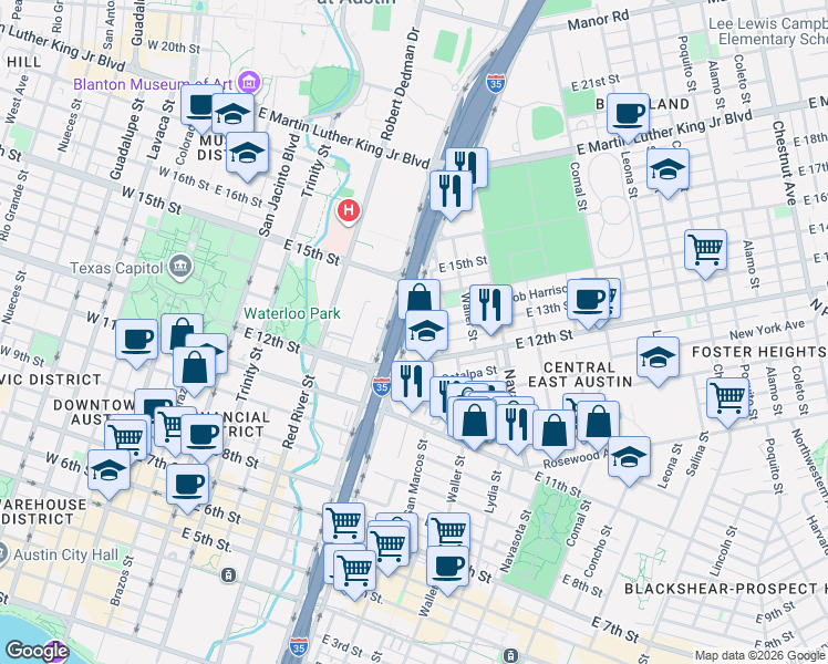 map of restaurants, bars, coffee shops, grocery stores, and more near 813 1/2 East 13th Street in Austin