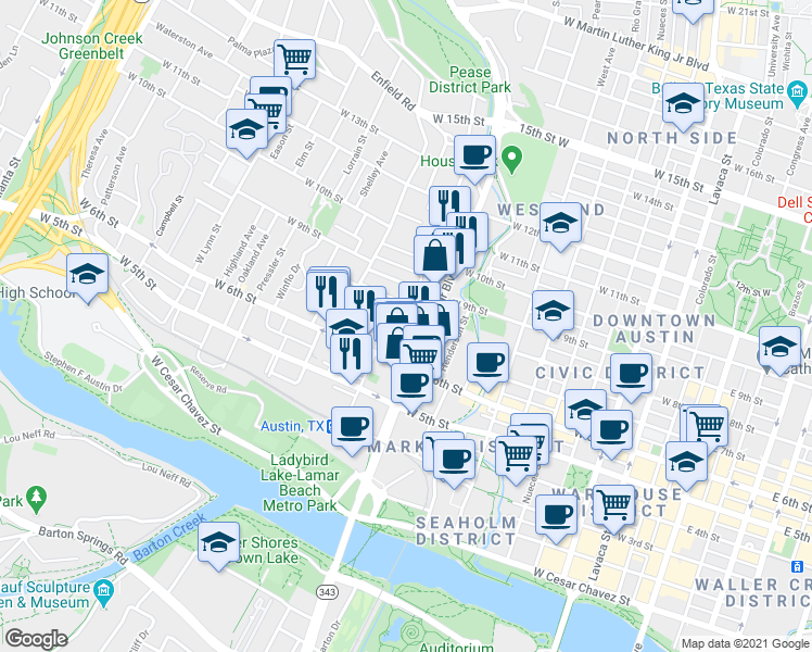 map of restaurants, bars, coffee shops, grocery stores, and more near 700 North Lamar Boulevard in Austin