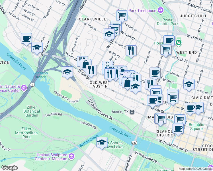 map of restaurants, bars, coffee shops, grocery stores, and more near 1400 West 5th Street in Austin