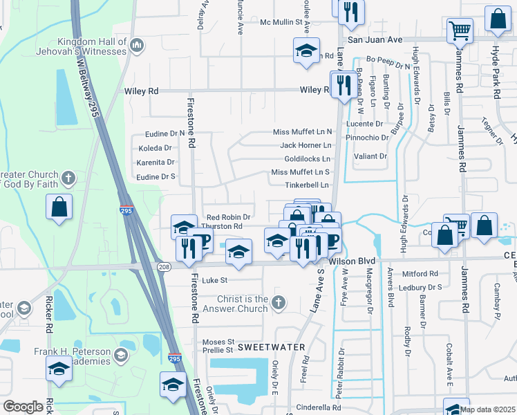 map of restaurants, bars, coffee shops, grocery stores, and more near 2557 Red Robin Drive in Jacksonville