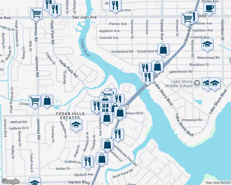 map of restaurants, bars, coffee shops, grocery stores, and more near 2460 Ormsby Circle East in Jacksonville