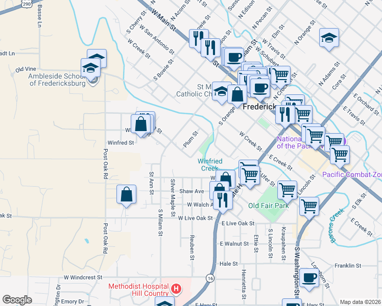 map of restaurants, bars, coffee shops, grocery stores, and more near 409 South Orange Street in Fredericksburg