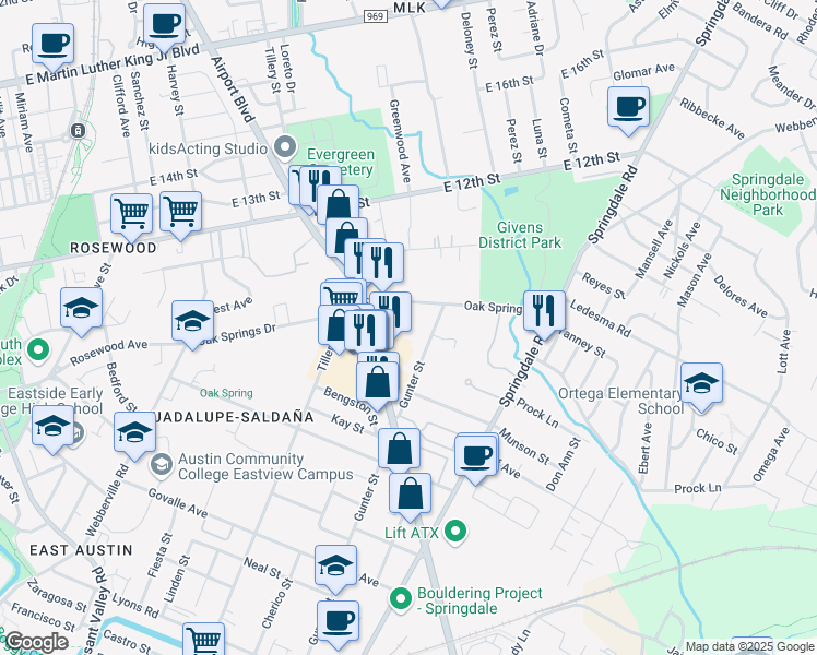 map of restaurants, bars, coffee shops, grocery stores, and more near 1144 3/4 Gunter Street in Austin