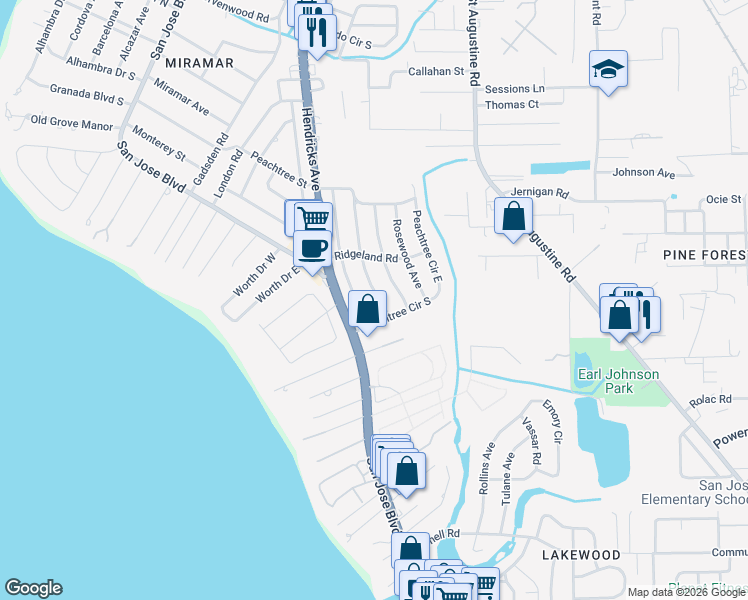 map of restaurants, bars, coffee shops, grocery stores, and more near 4622 Redwood Avenue in Jacksonville