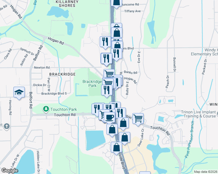 map of restaurants, bars, coffee shops, grocery stores, and more near 4132 Southside Service Road in Jacksonville
