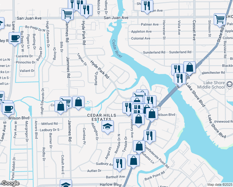 map of restaurants, bars, coffee shops, grocery stores, and more near 3404 Edgewater Drive in Jacksonville
