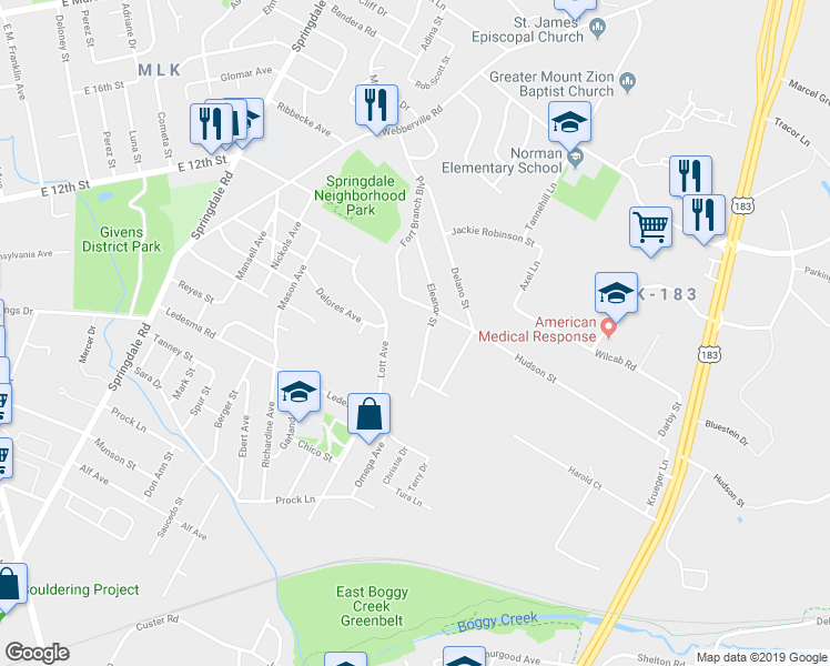 map of restaurants, bars, coffee shops, grocery stores, and more near 1136 Eleanor St in Austin