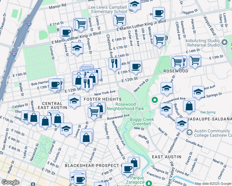 map of restaurants, bars, coffee shops, grocery stores, and more near 2209 New York Avenue in Austin