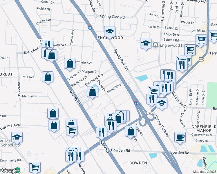 map of restaurants, bars, coffee shops, grocery stores, and more near 4756 Lynbrook Drive in Jacksonville