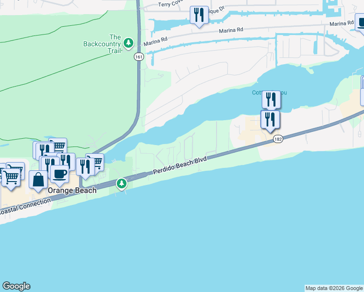 map of restaurants, bars, coffee shops, grocery stores, and more near 3212 Mariner Circle in Orange Beach