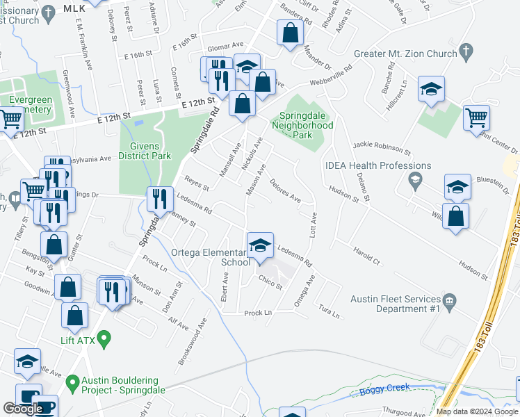 map of restaurants, bars, coffee shops, grocery stores, and more near 5108 Rainbow Ridge Circle in Austin