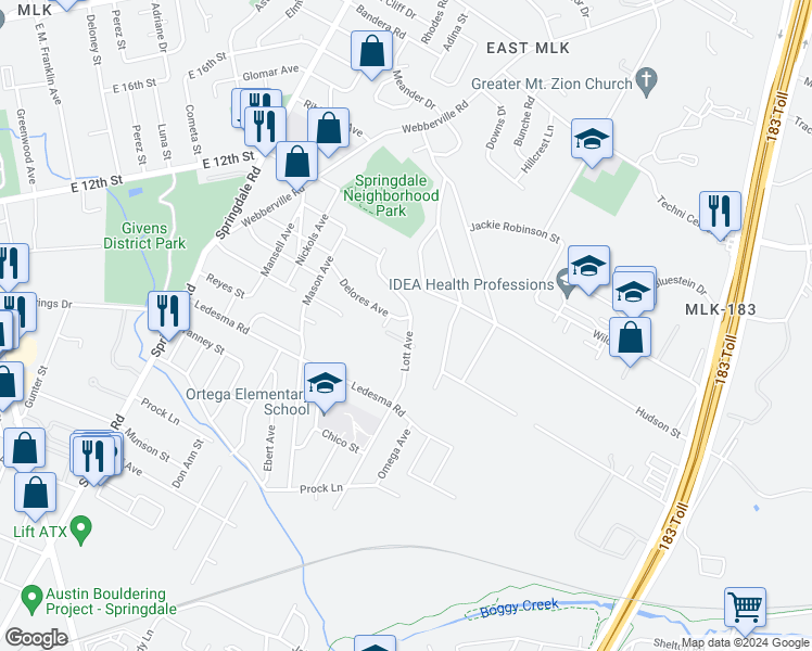 map of restaurants, bars, coffee shops, grocery stores, and more near 5307 Delores Avenue in Austin