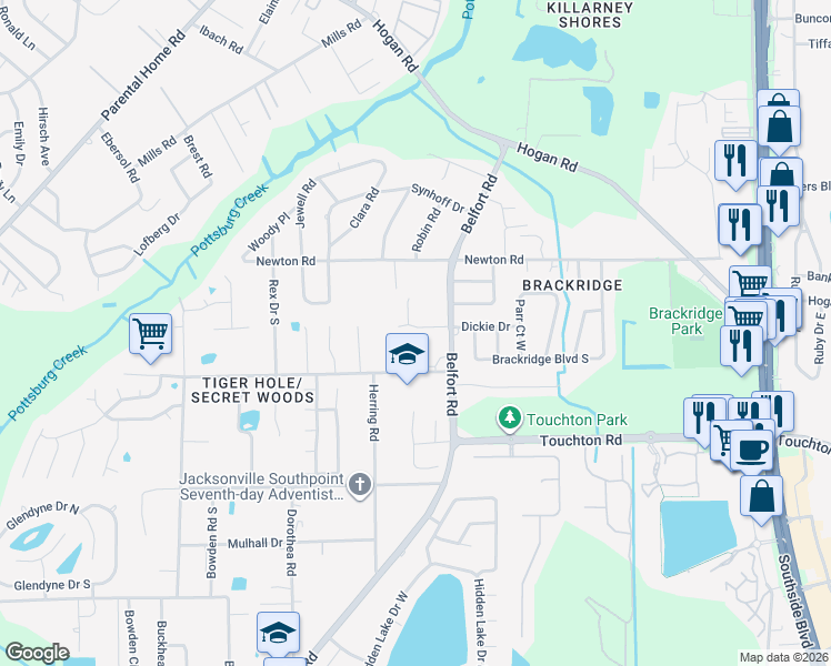 map of restaurants, bars, coffee shops, grocery stores, and more near 8050 Dickie Drive in Jacksonville