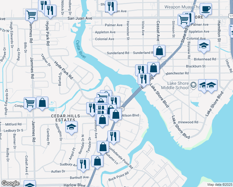 map of restaurants, bars, coffee shops, grocery stores, and more near 2460 Ormsby Circle East in Jacksonville