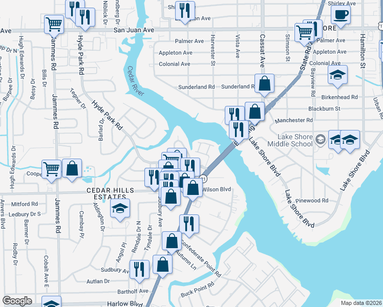 map of restaurants, bars, coffee shops, grocery stores, and more near 2460 Ormsby Circle East in Jacksonville