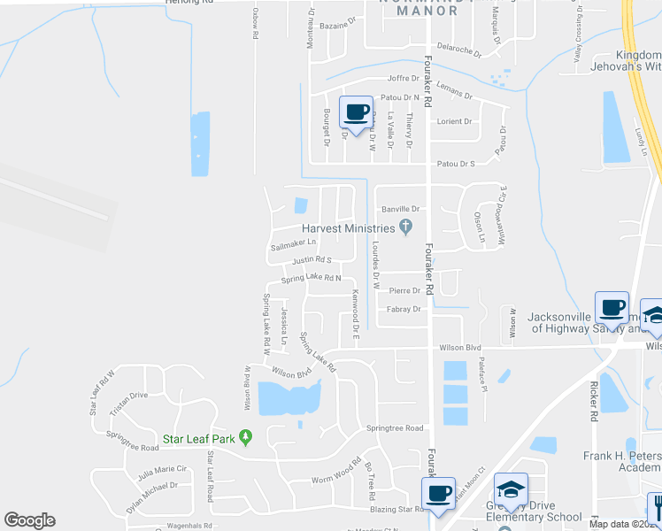 map of restaurants, bars, coffee shops, grocery stores, and more near 8142 Justin Road South in Jacksonville