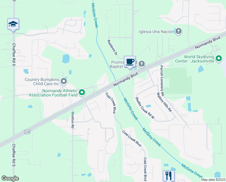 map of restaurants, bars, coffee shops, grocery stores, and more near 10512 Normandy Boulevard in Jacksonville