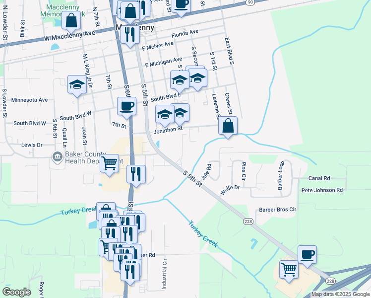 map of restaurants, bars, coffee shops, grocery stores, and more near 270 Jonathan Street in Macclenny