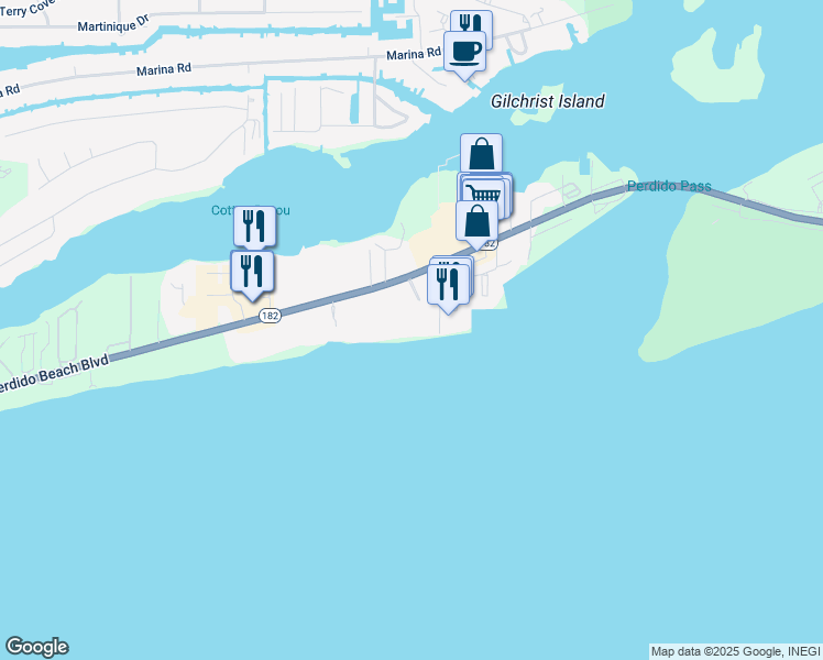 map of restaurants, bars, coffee shops, grocery stores, and more near 27120 Perdido Beach Boulevard in Orange Beach