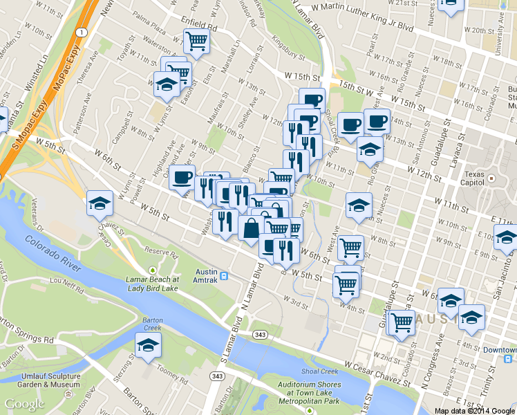 map of restaurants, bars, coffee shops, grocery stores, and more near 608 Baylor Street in Austin