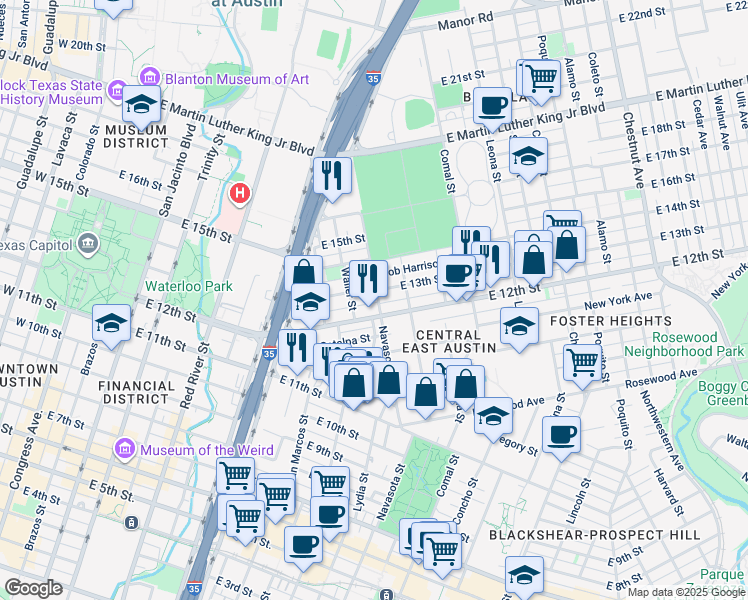map of restaurants, bars, coffee shops, grocery stores, and more near 1208 Navasota Street in Austin