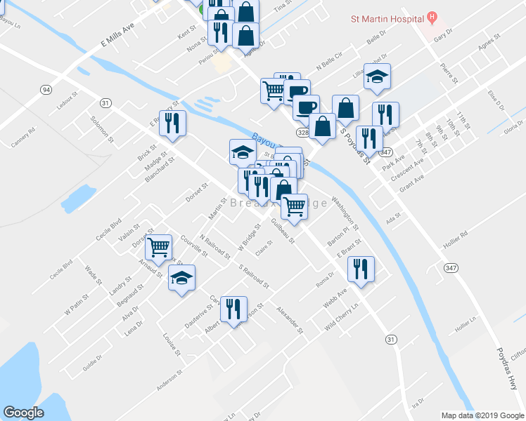 map of restaurants, bars, coffee shops, grocery stores, and more near 100 Berard Street in Breaux Bridge
