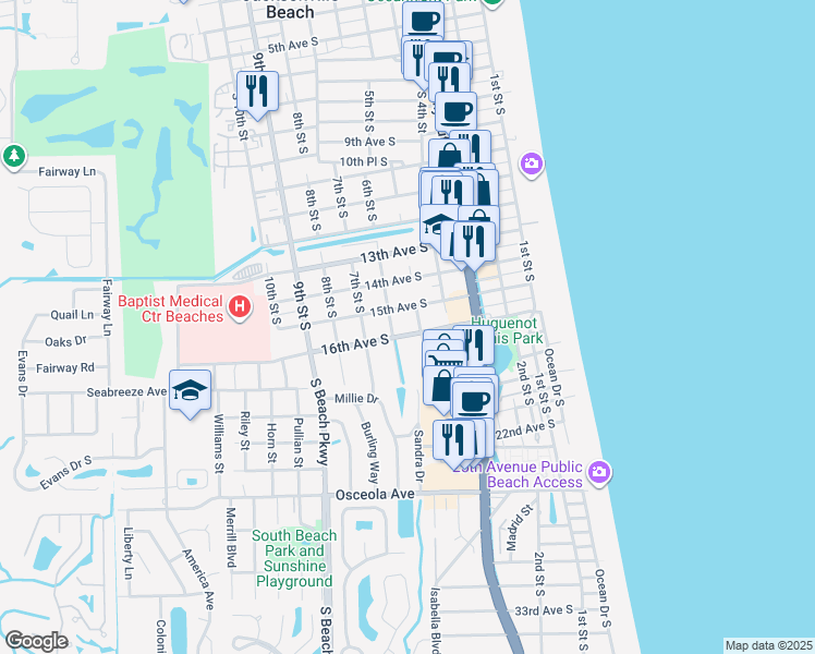 map of restaurants, bars, coffee shops, grocery stores, and more near 513 16th Avenue South in Jacksonville Beach