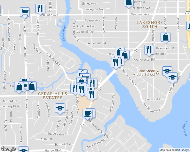map of restaurants, bars, coffee shops, grocery stores, and more near 3434 Blanding Boulevard in Jacksonville