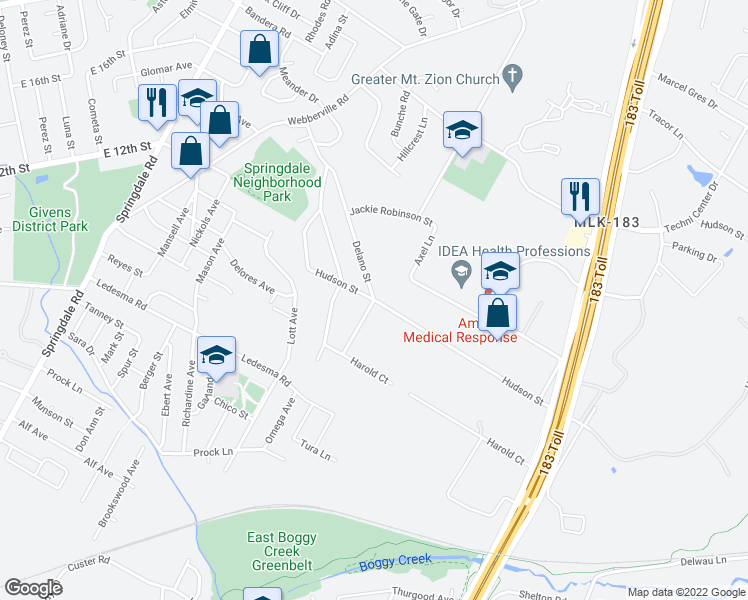 map of restaurants, bars, coffee shops, grocery stores, and more near Hudson Street & Delano Street in Austin