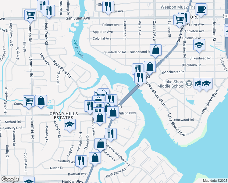 map of restaurants, bars, coffee shops, grocery stores, and more near 2460 Ormsby Circle East in Jacksonville