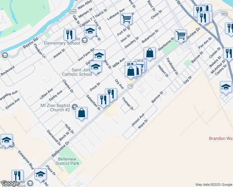 map of restaurants, bars, coffee shops, grocery stores, and more near 58630 Louisiana 75 in Plaquemine